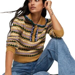 MANGO MNG Arlequin Geometric Pattern Ruffle Detail Sweater NWT